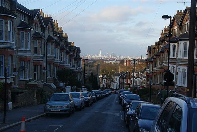 Woodland Road, Crystal Palace. Looking north down the ridge: the ground falls away fast, and the City is on the horizon.
